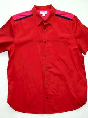 CALVIN KLEIN Red w/Magenta & Navy Accents Size L - SS SLIM FIT 100% Cotton Shirt